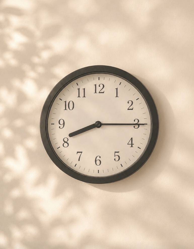Wall clock with dappled tree shadow on a warm beige wall, symbolizing time, lateness, and accountability