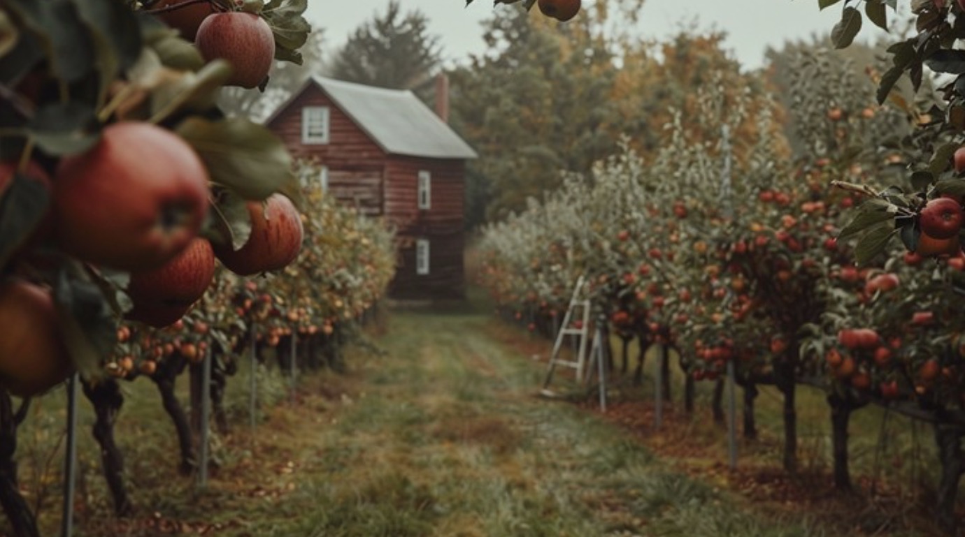 Apple orchard with red fruit and rustic barn in autumn