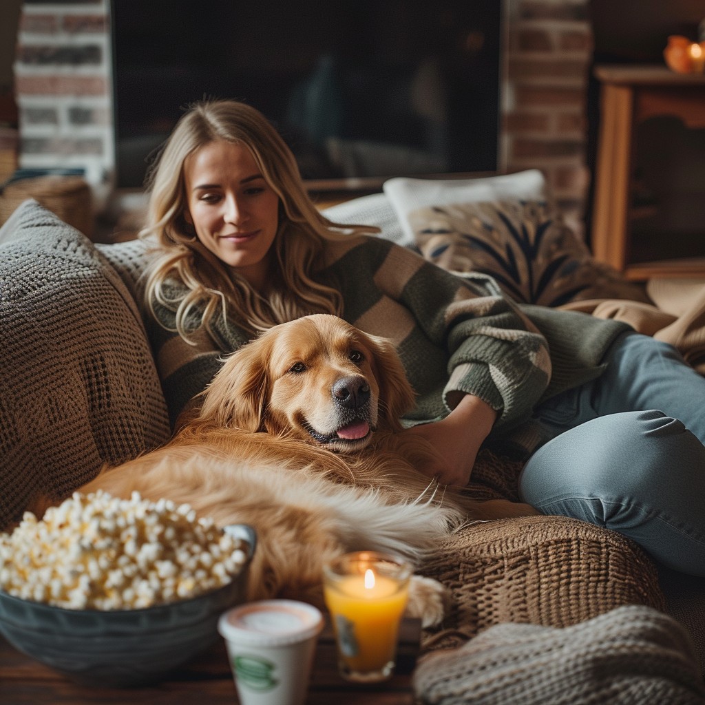 Woman relaxing on couch with golden retriever