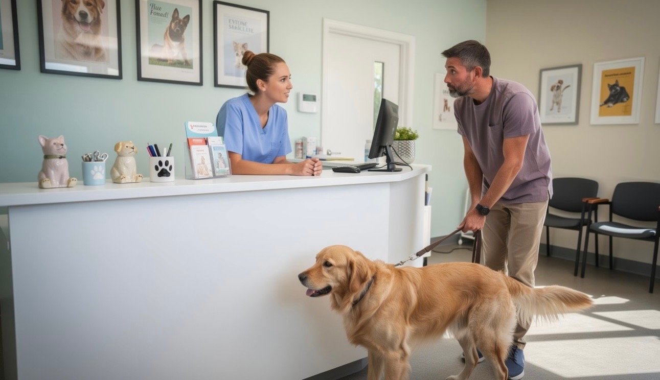 Veterinary receptionist speaking with a client and dog at the front desk