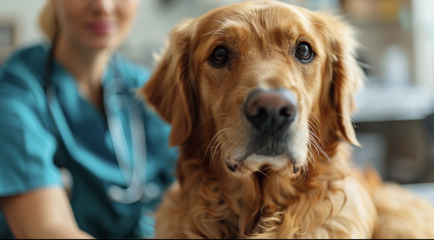 Golden retriever patient looking directly at camera during veterinary exam, vet in teal scrubs blurred in background