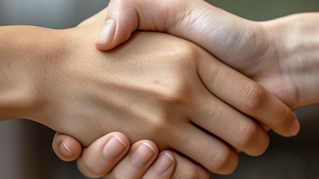 Two hands clasped in a handshake, representing the two-sided nature of a mentoring relationship