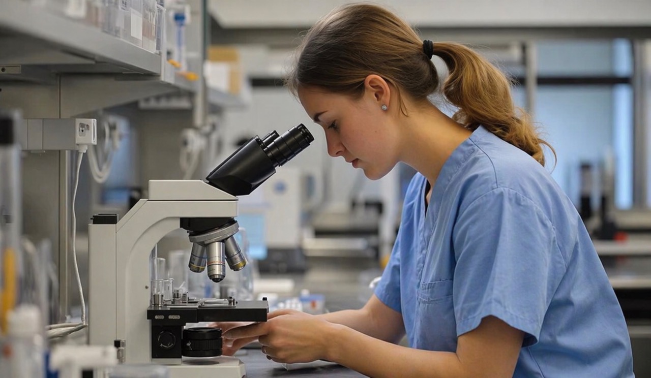 Veterinary technician examining slide under microscope