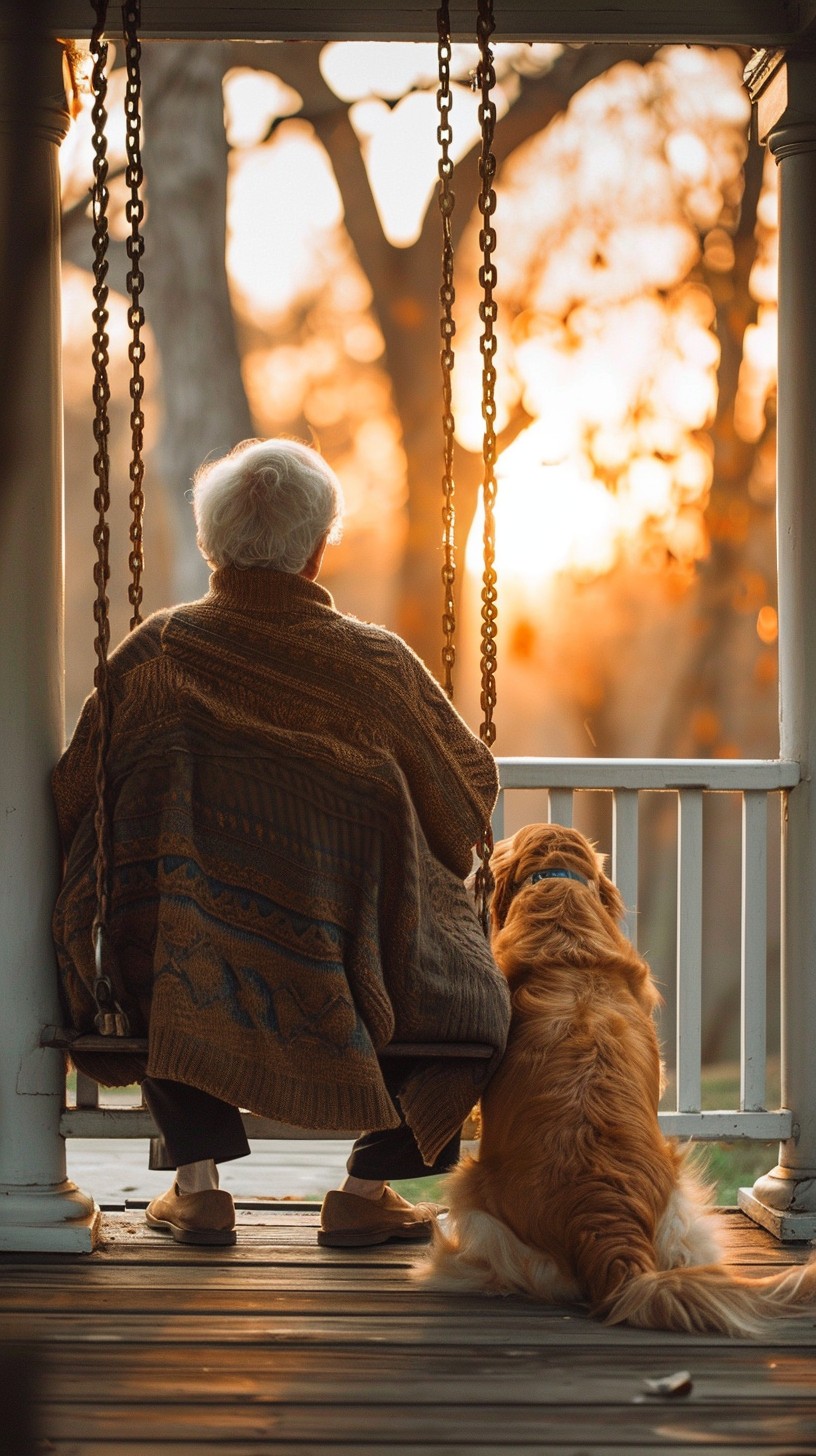 Person sitting with dog at sunset