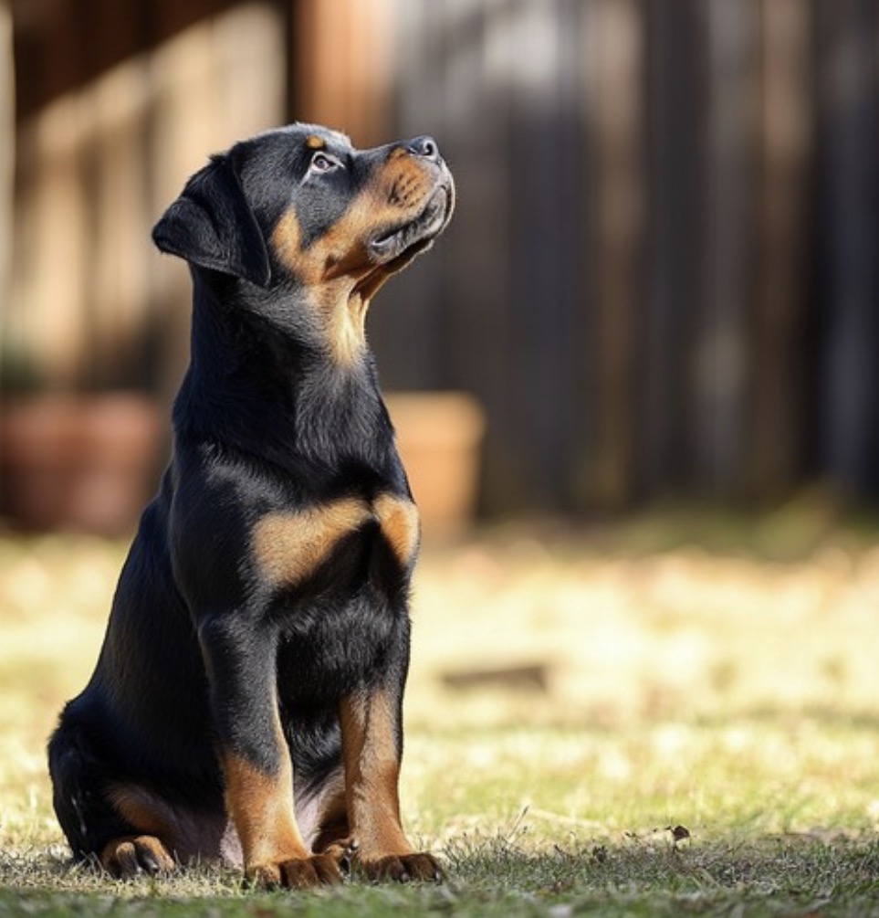 A young Rottweiler sitting in a sunlit backyard, looking upward