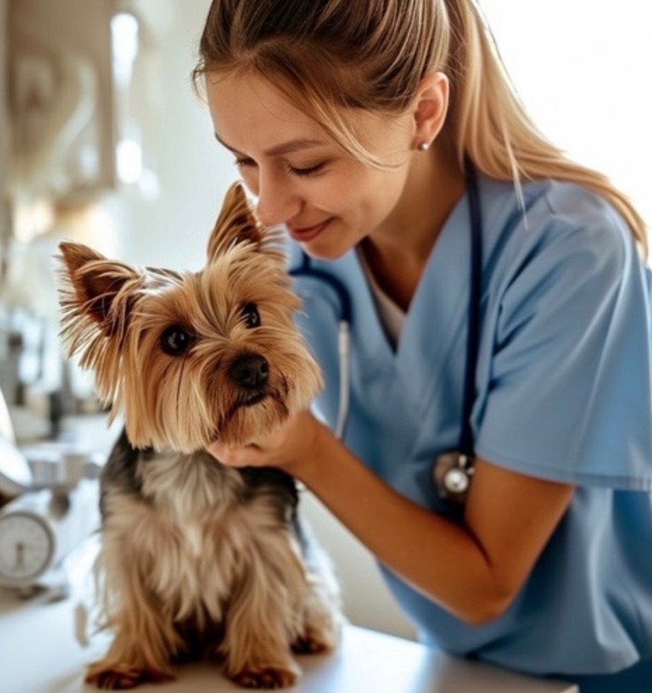 Veterinarian examining a small dog on the exam table
